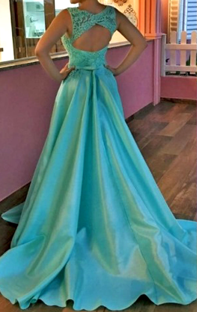 Macloth Long Sleeves Gold Lace Satin Prom Dress Sky Blue Formal Evening Gown US14 / Custom Color