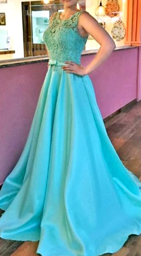 MACloth O Neck Lace Taffeta Long Prom Dress Blur Formal Evening Gown