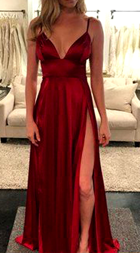 MACloth Spaghetti Straps V Neck Long Prom Dress Burgundy Formal Evening Gown