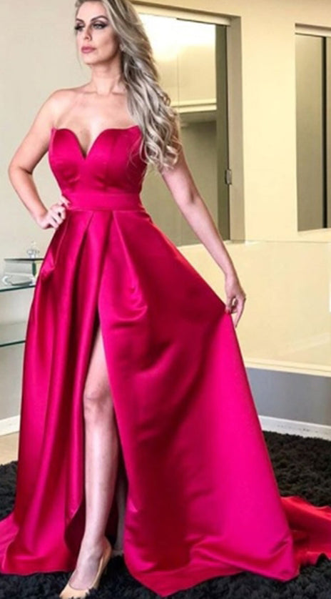 MACloth Strapless Sweetheart Long Prom Dress Fuchsia Satin Formal Evening Gown