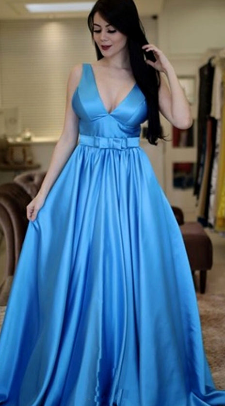 MACloth Straps V Neck Satin Long Prom Dress Blue Formal Evening Gown