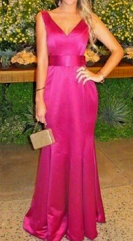 MACloth Mermaid V Neck Satin Long Prom Dress Fuchsia Formal Evening Gown