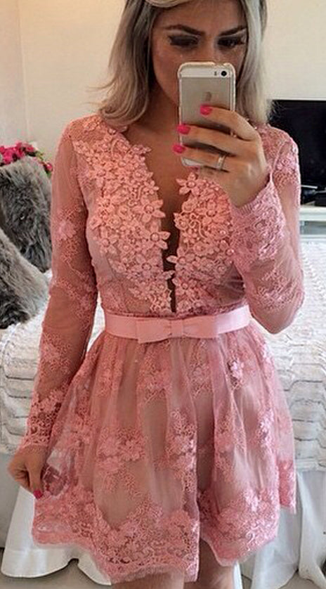 MACloth Long Sleeves V Neck Lace Prom Homecoming Dress Pink Formal Evening Gown