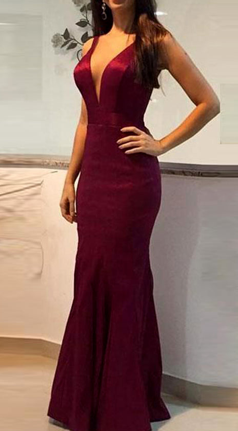 MACloth Sheath V Neck Long Prom Dress Burgundy Formal Evening Gown