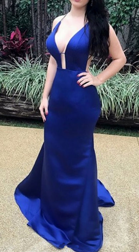 MACloth Spaghetti Straps Deep V neck Satin Long Prom Dress Royal Blue Formal Evening Gown