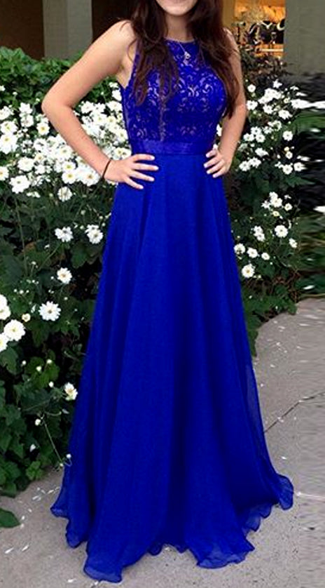 MACloth Straps O Neck Lace Chiffon Long Prom Dress Royal Blue Formal Evening Gown