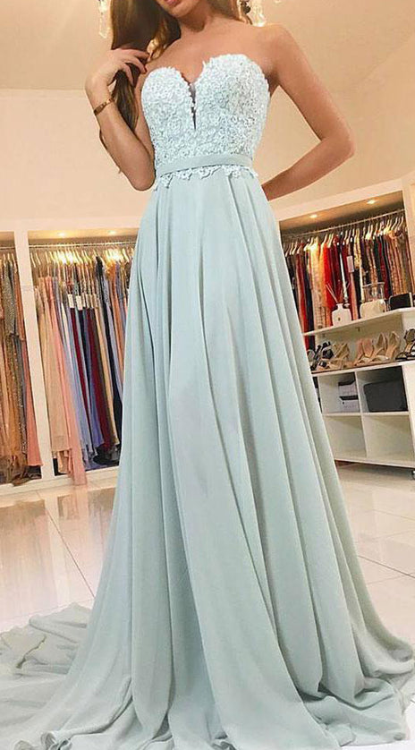 MACloth Strapless Lace Chiffon Long Prom Dress Aqua Formal Evening Gown