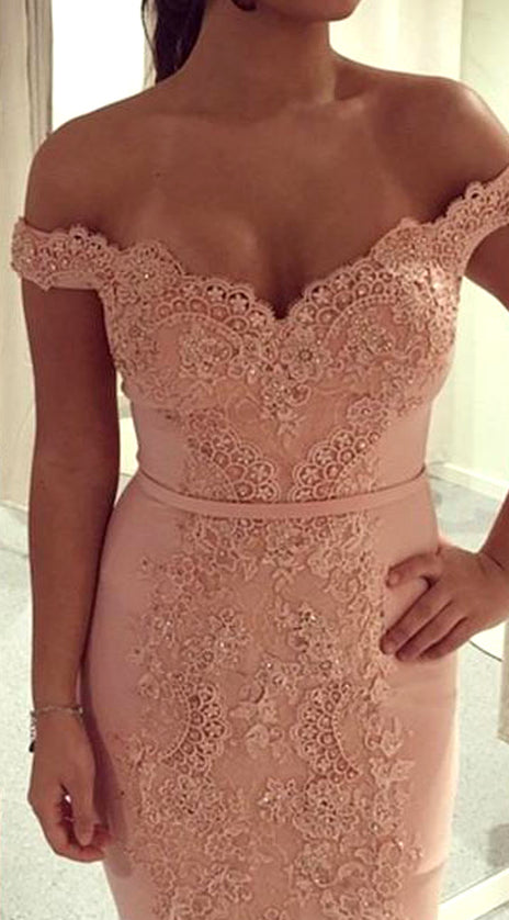 MACloth Mermaid Off the Shoulder Lace Jersey Long Prom Dress Blush Pink Formal Evening Gown