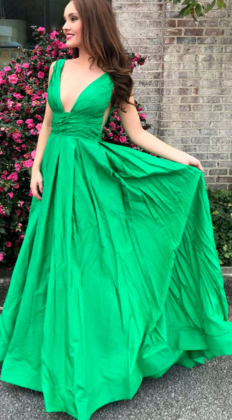 MACloth Straps V Neck Taffeta Long Prom Dress Green Formal Evening Gown