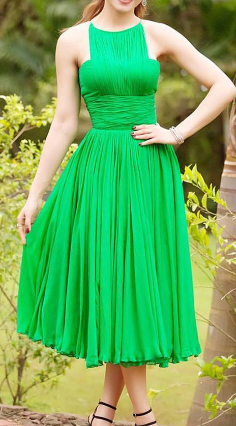 MACloth Halter Chiffon Tea Length Prom Dress Green Formal Party Gown