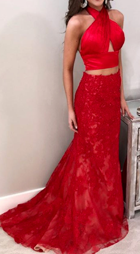 MACloth Two Piece Mermaid Lace Prom Dress Red Formal Evening Gown