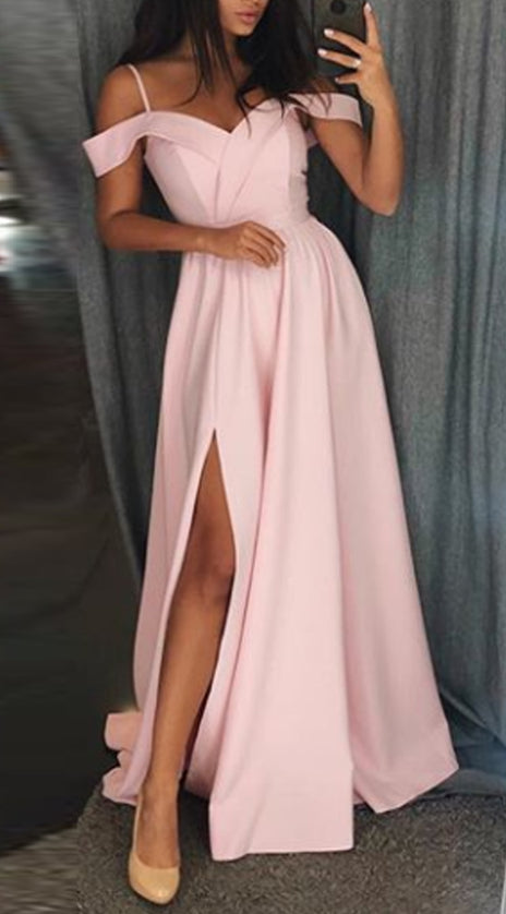 MACloth Off the Shoulder Pink Long Prom Dress Satin Formal Evening Gown