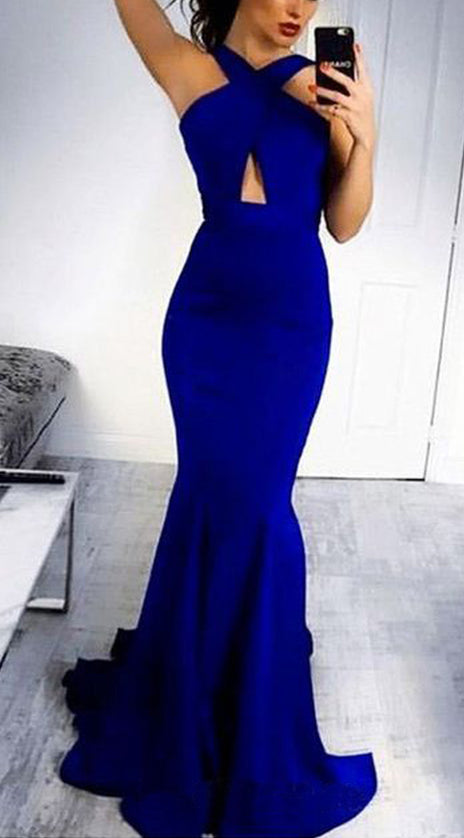 MACloth Mermaid Halter Sexy Jersey Prom Dress Royal Blue Formal Evening Gown