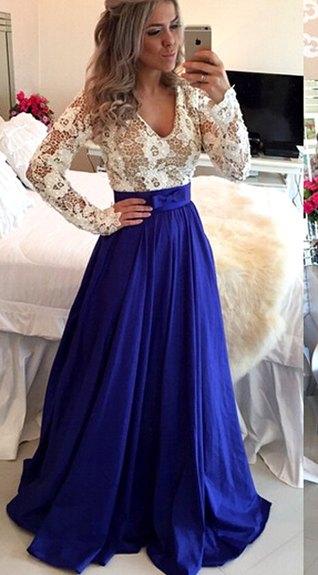 MACloth V Neck Long Sleeves Lace Chiffon Long Prom Dress Royal Blue Formal Evening Gown