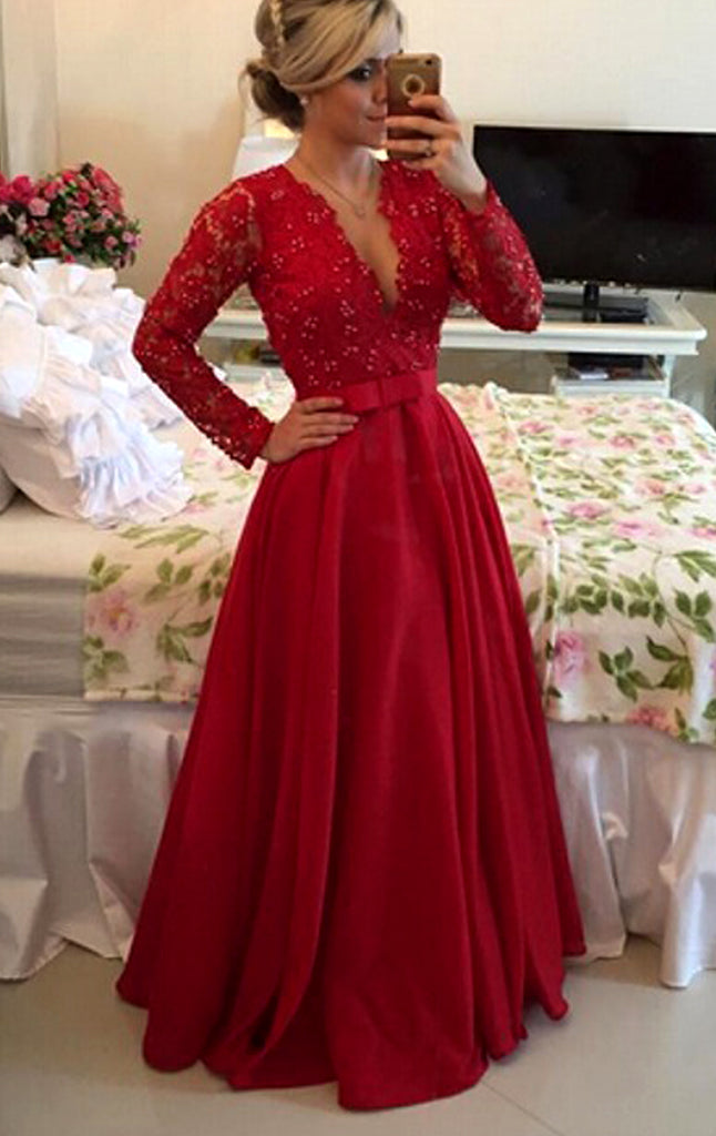 Macloth Red Lace Long Sleeve Dress