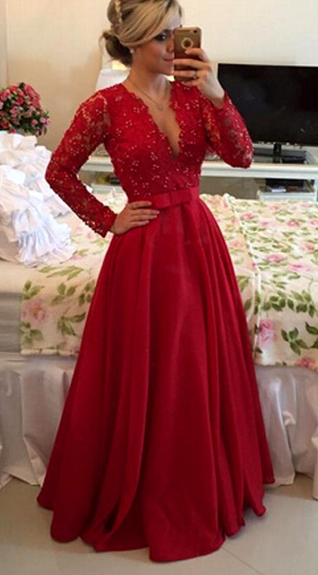 MACloth V Neck Long Sleeves Lace Long Prom Dress Red Formal Evening Gown