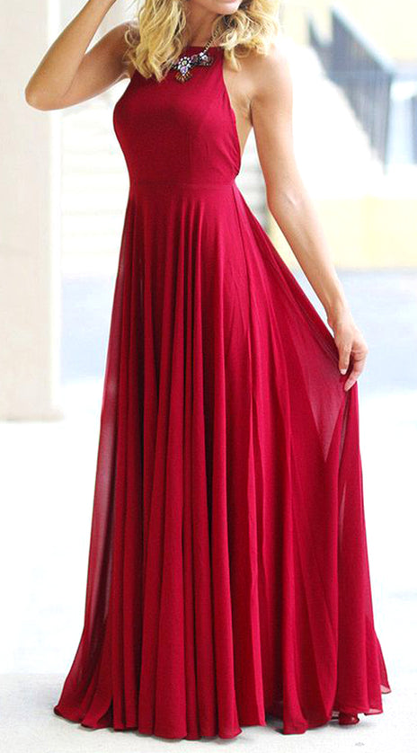 MACloth Halter Chiffon Long Prom Dress with Open Back Red Formal Evening Gown 10724