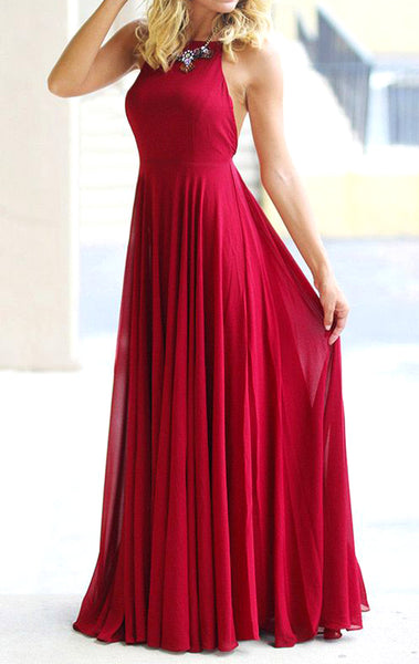 MACloth Halter Chiffon Long Prom Dress with Open Back Red Formal Evening Gown 10724