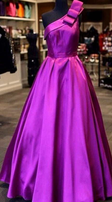 MACloth One Shoulder Satin Ball Gown Prom Dress Fuchsia Formal Evening Gown