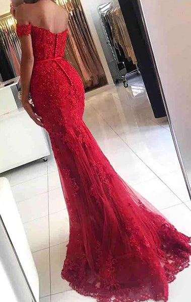 MACloth Mermaid Off the Shoulder Lace Long Prom Dress Red Formal Evening Gown