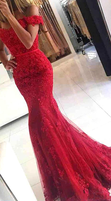 MACloth Mermaid Off the Shoulder Lace Long Prom Dress Red Formal Evening Gown