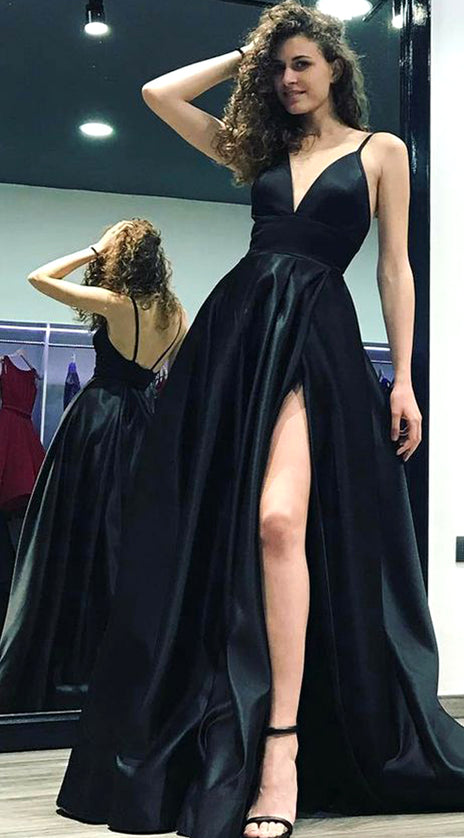 MACloth Straps Deep V neck Satin Long Prom Dress Black Formal Evening Gown