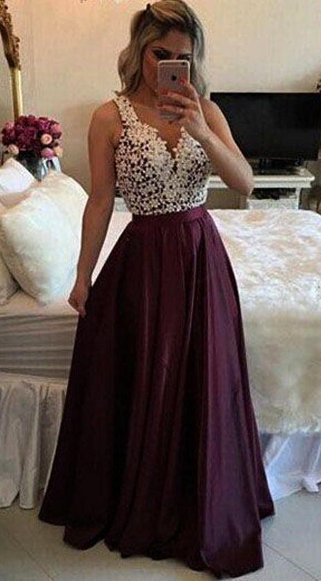 MACloth V Neck Lace Chiffon Long Prom Dress Plum Formal Evening Gown