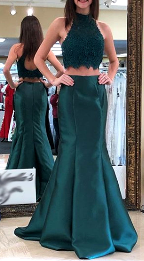 MACloth Mermaid High Neck Lace Satin Long Prom Dress Teal Formal Evening Gown