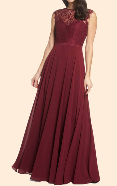 MACloth Cap Sleeves Lace Chiffon Long Prom Dress Burgundy Formal Evening Gown