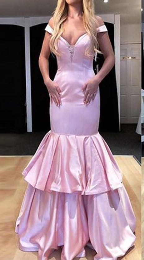 MACloth Off the Shoulder Tiered Long Prom Dress Pink Formal Evening Gown 10745