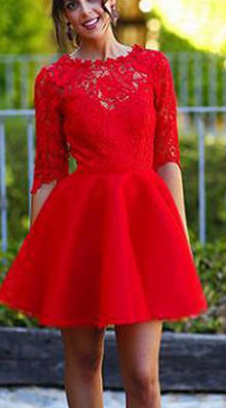 MACloth Half Sleeves Lace Satin Mini Prom Homecoming Dress Red Wedding Party Dress