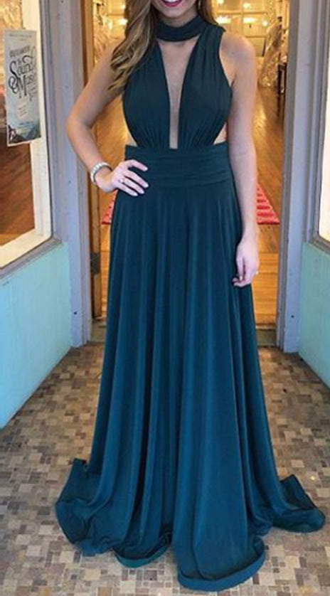 MACloth Halter Deep V Neck Jersey Teal Prom Dress Simple Formal Evening Gown