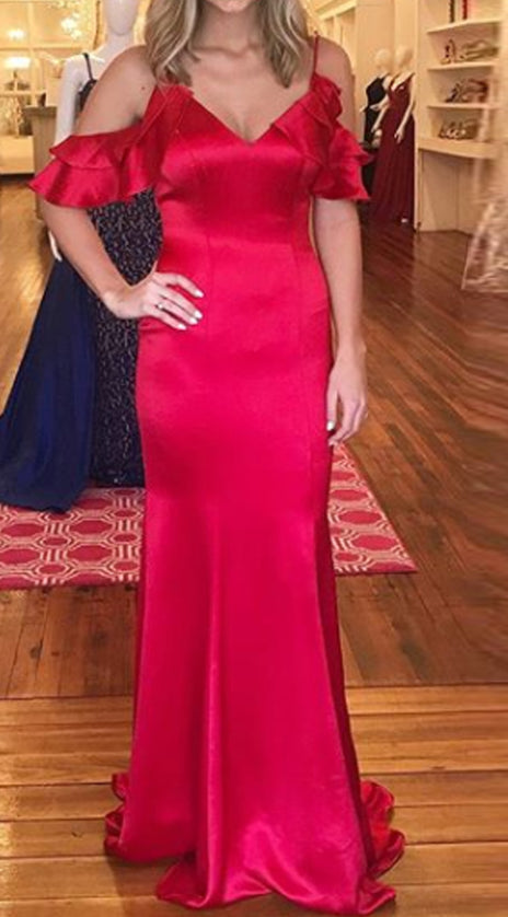 MACloth Sheath Off the Shoulder Satin Prom Dress Red Formal Evening Gown