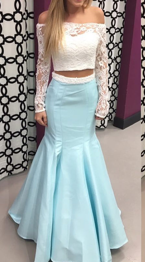 MACloth Off the Shoulder Long Sleeves 2 Piece Prom Dress Sky Blue Formal Evening Gown