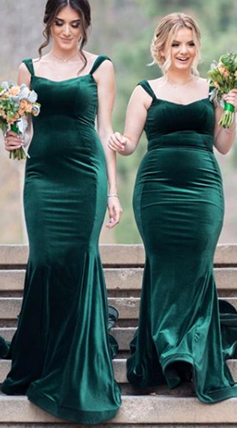 MACloth Mermaid Straps Velvet Long Bridesmaid Dress Green Formal Evening Gown