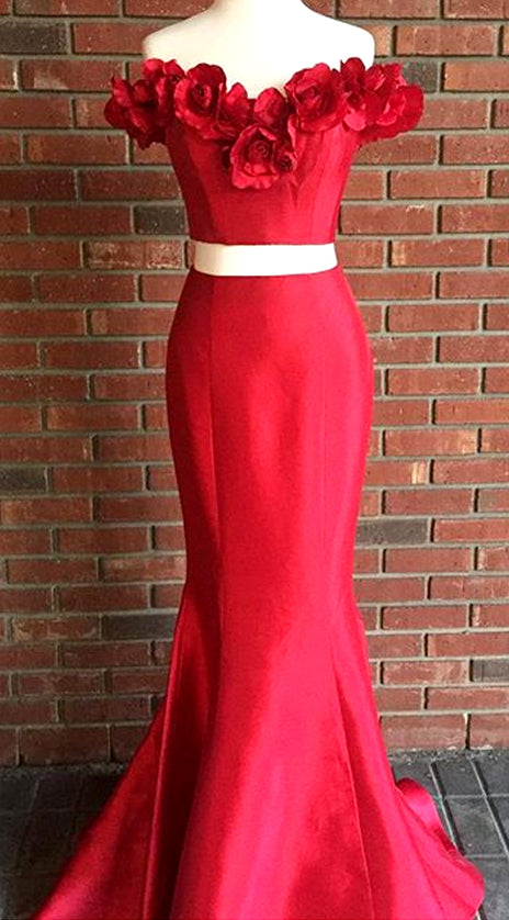 MACloth Mermaid Off the Shoulder 2 Piece Prom Dress Red Formal Evening Gown