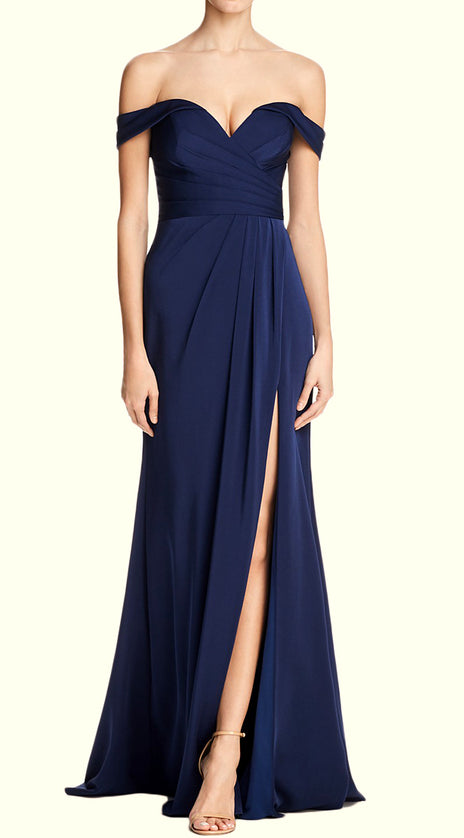 MACloth Off the Shoulder Simple Prom Dress Dark Navy Formal Evening Gown