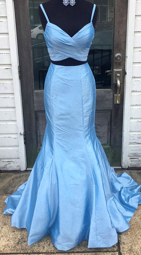 MACloth Mermaid 2 Piece V Neck Long Prom Dress Taffeta Blue Formal Evening Gown