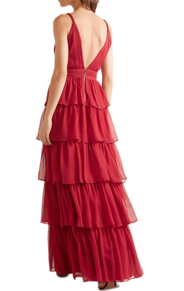 MACloth Straps V Neck Tiered Long Chiffon Prom Dress Red Formal Evening Gown