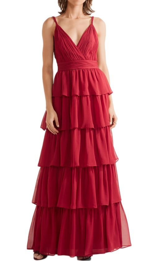 MACloth Straps V Neck Tiered Long Chiffon Prom Dress Red Formal Evening Gown