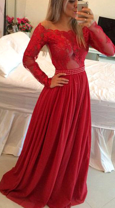 MACloth Off the Shoulder Long Sleeves Lace Chiffon Long Prom Dress Red Formal Evening Gown