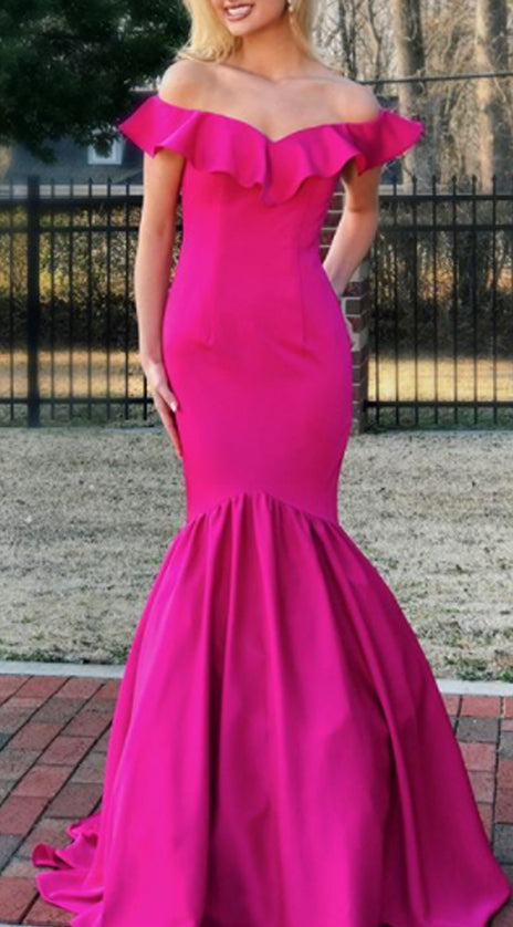 MACloth Mermaid Off the Shoulder Fuchsia Prom Dress Satin Formal Evening Gown