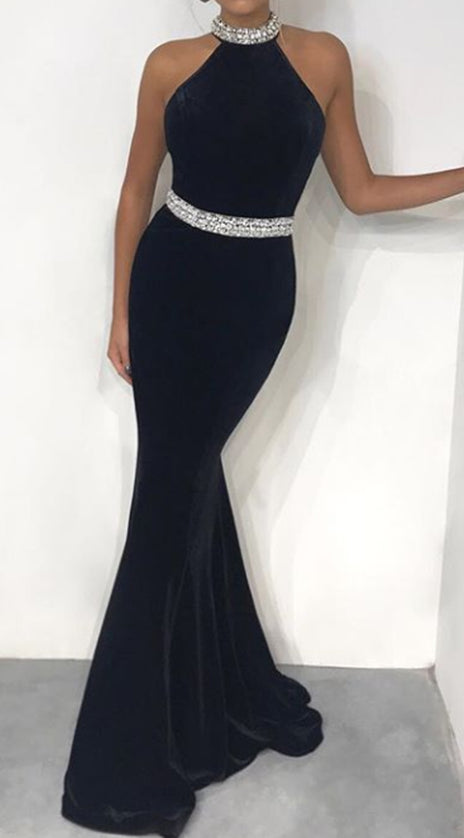 MACloth Halter Mermaid Black Velvet Long Prom Dress Elegant Formal Evening Gown