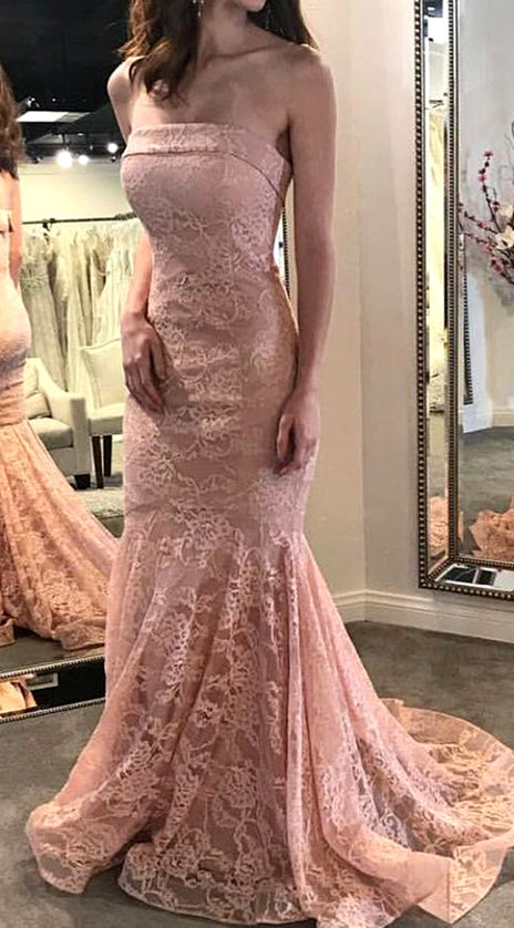 MACloth Mermaid Strapless Lace Long Prom Dress Pink Formal Evening Gown