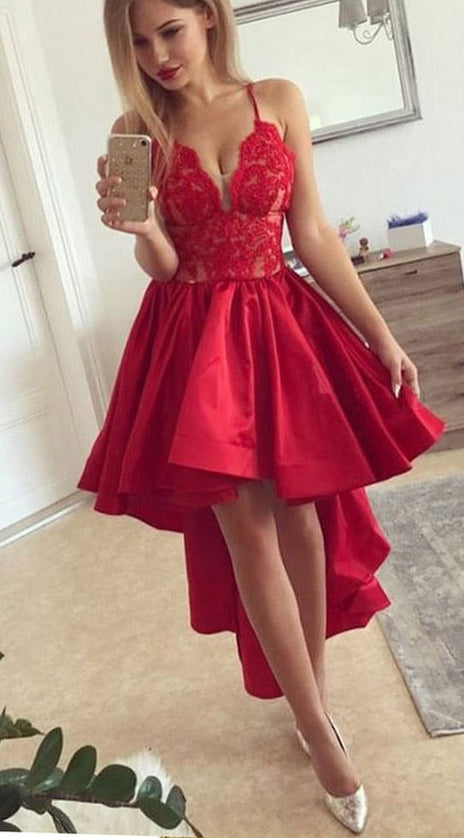 MACloth Straps V Neck Lace Taffeta High Low Prom Dress Red Formal Evening Gown