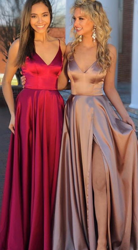 MACloth Straps V Neck Satin Long Prom Dress with Slit Wine Red / Champagne Formal Evening Gown