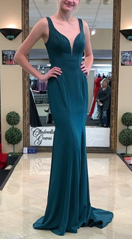 MACloth Sheath V Neck Jersey Long Prom Dress Teal Formal Evening Gown