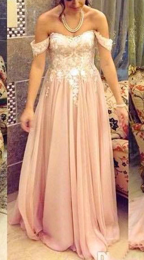 MACloth Off the Shoulder Lace Chiffon Long Prom Dress Pink Formal Evening Gown