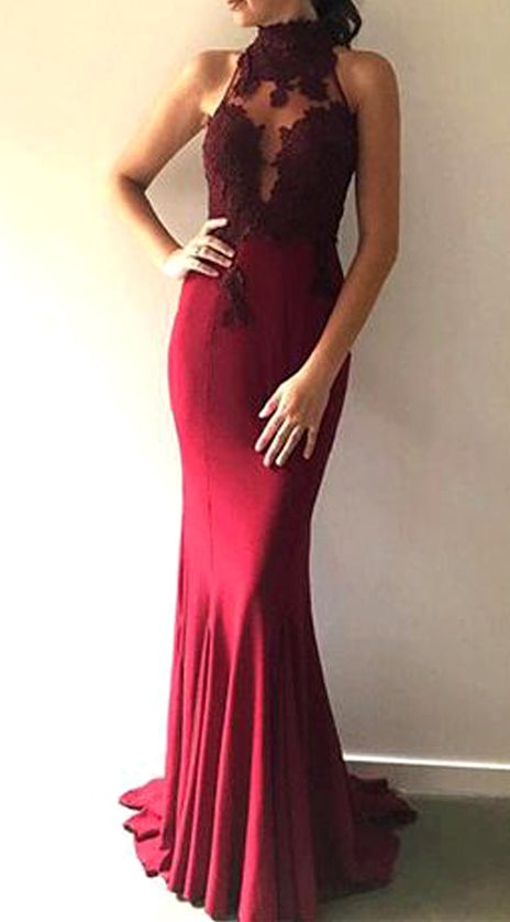 MACloth Mermaid High Neck Lace Jersey Long Prom Dress Burgundy Formal Evening Gown