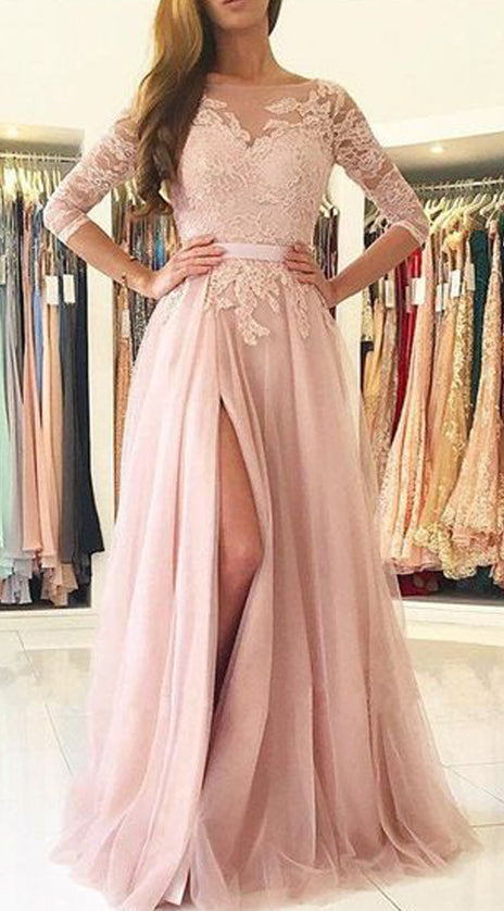 MACloth 3/4 Sleeves Lace Tulle Long Prom Dress Blush Pink Formal Evening Gown